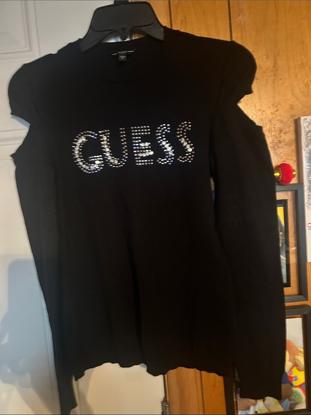 GUESS Black Long-Sleeve Cold-Shoulder Top with Rhinestone Logo